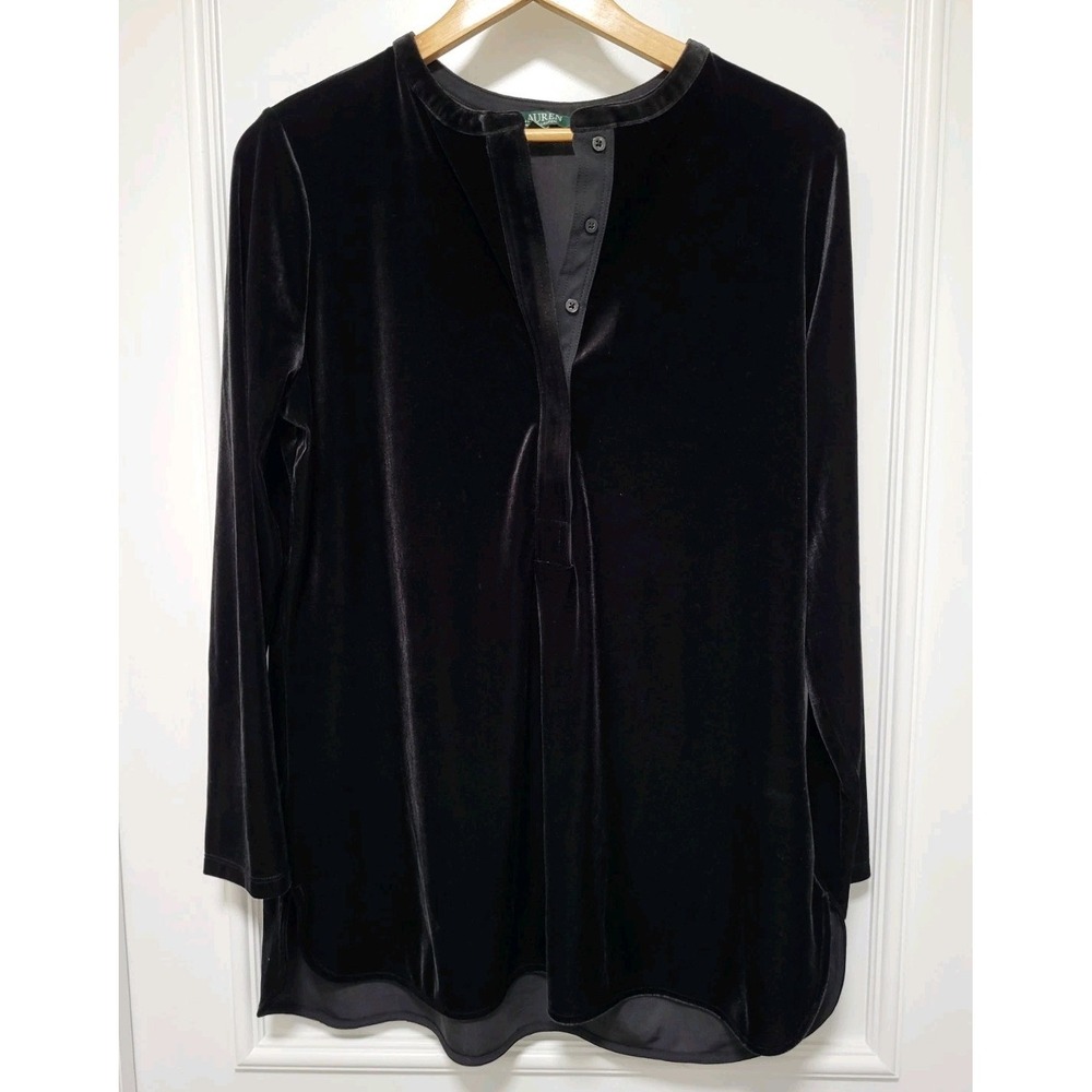 Vtg Lauren Ralph Lauren Black Velvet 1/4 Button Long Sleeve Tunic Top 1X